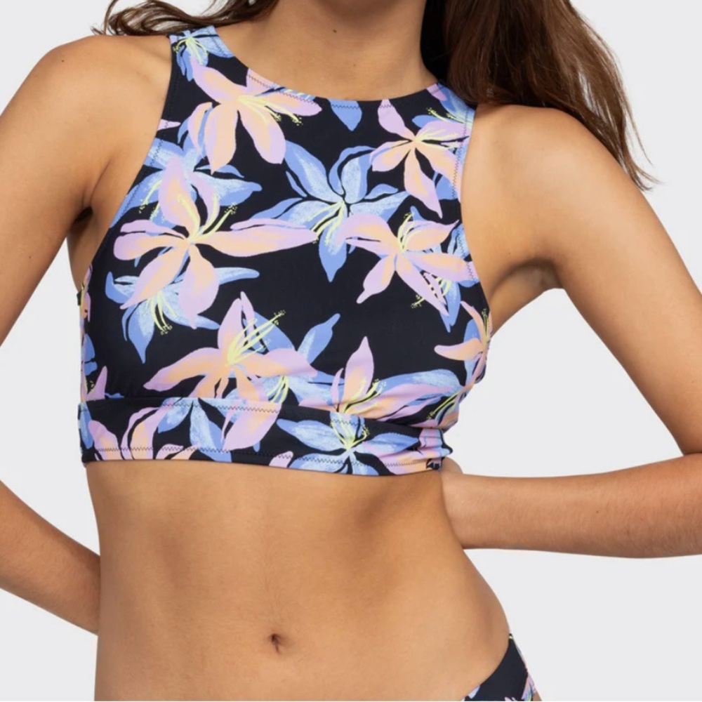 Roxy Active Printed Crop Top Bikini Top, ANTHRACITE KISS NWOT